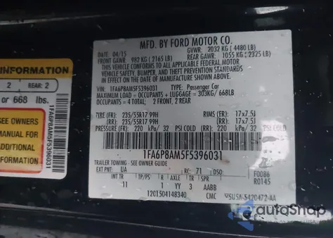 2015 Ford Mustang V6 из США, поврежденный, VIN 1FA6P8AM5F5396031